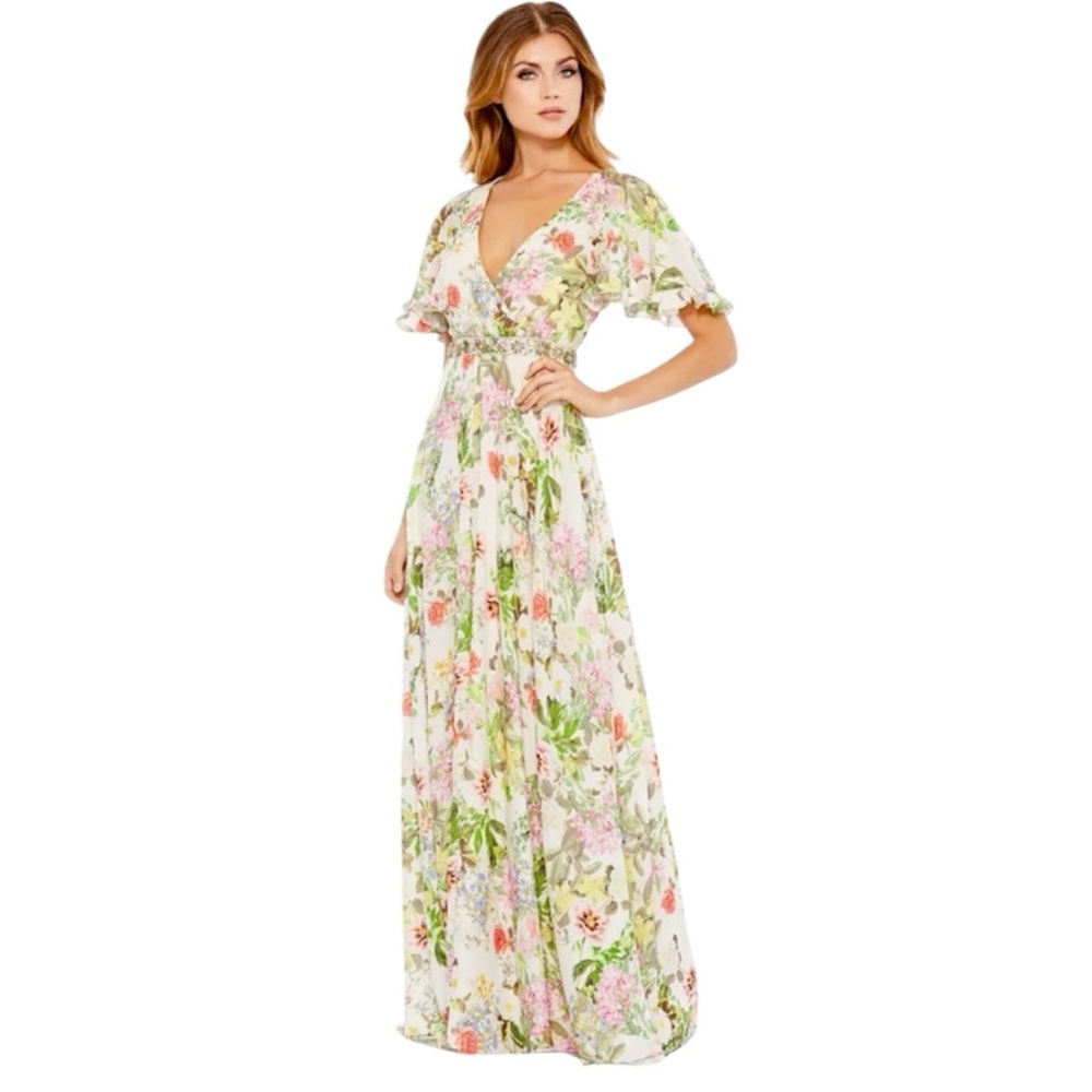 MAC DUGGAL Floral Print Faux Wrap Flutter Sleeve A-Line Gown NEW Size 10 Dress
